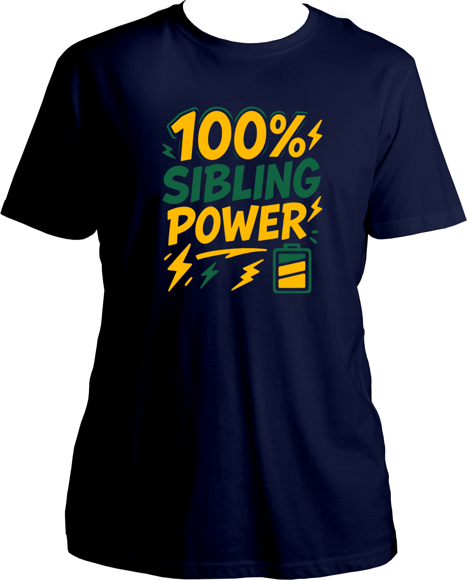 100% Sibling Power Unisex T-Shirt – navy blue regular fit cotton tee with comic-style battery and lightning design, perfect Rakhi gift for brother or sister