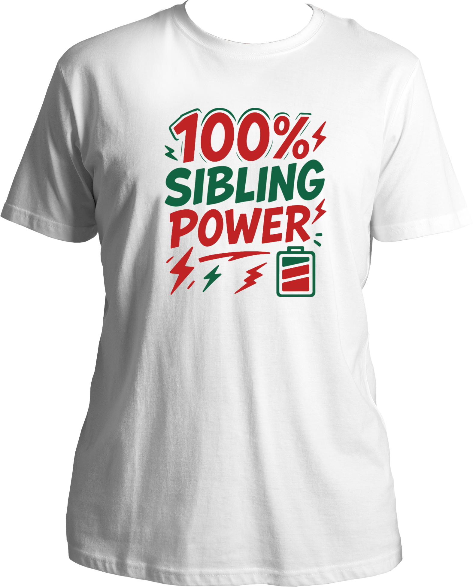 100% Sibling Power Unisex T-Shirt – white regular fit cotton tee with comic-style battery and lightning design, perfect Rakhi gift for brother or sister