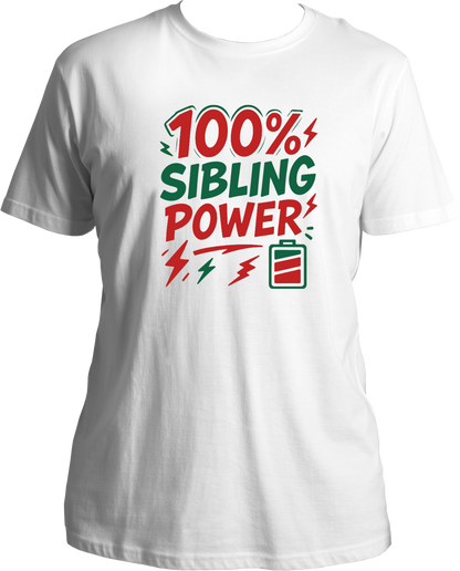 100% Sibling Power Unisex T-Shirt – white regular fit cotton tee with comic-style battery and lightning design, perfect Rakhi gift for brother or sister