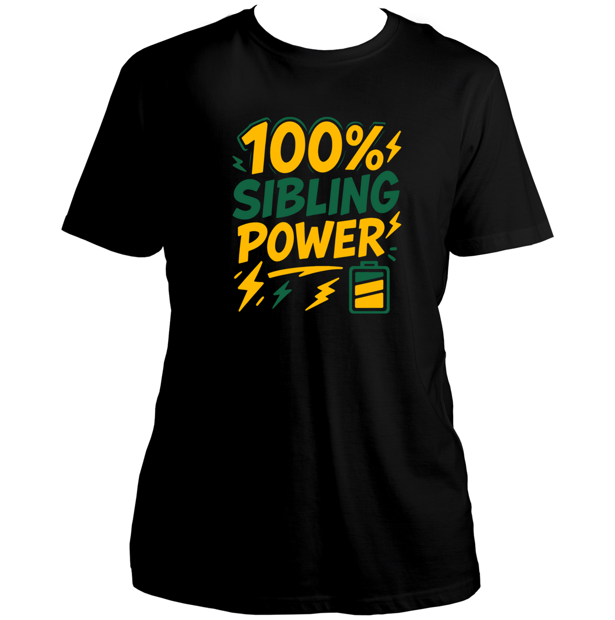 Black 100% Sibling Power Unisex T-Shirt with battery and lightning sibling graphic
