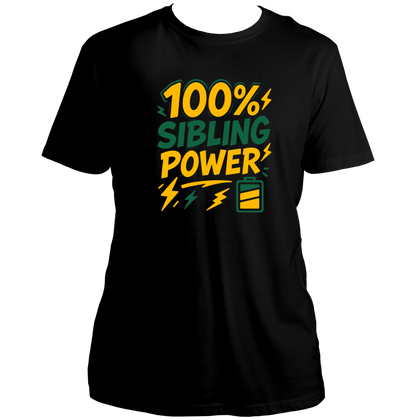 Black 100% Sibling Power Unisex T-Shirt with battery and lightning sibling graphic