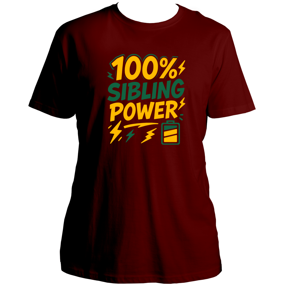 Maroon 100% Sibling Power Unisex T-Shirt with battery and lightning sibling graphic