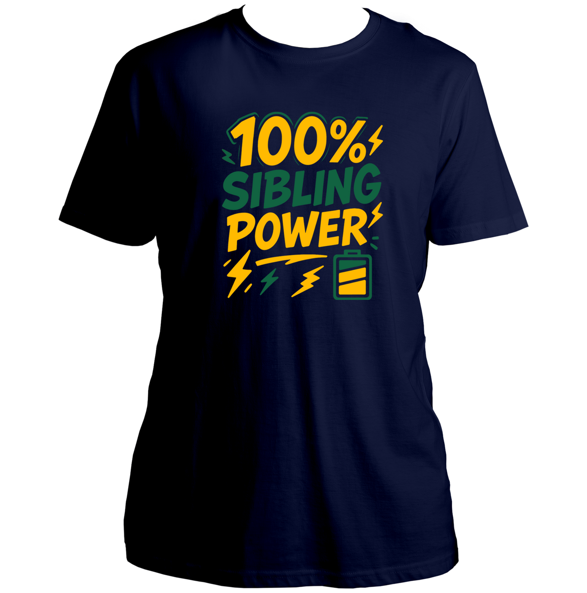 Navy Blue 100% Sibling Power Unisex T-Shirt with battery and lightning sibling graphic