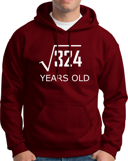 Maroon 18 Years Old Unisex Hoodie by Garrari with white square root 324 birthday design