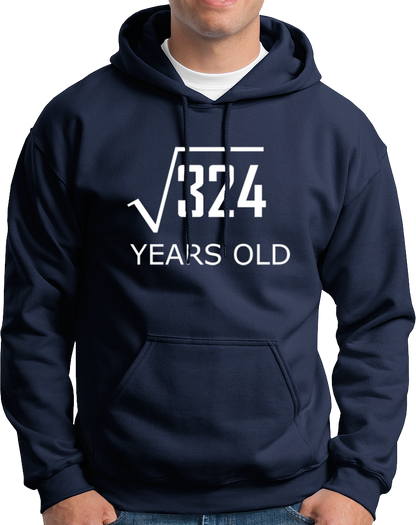 Navy Blue 18 Years Old Unisex Hoodie by Garrari with square root 324 turning eighteen print