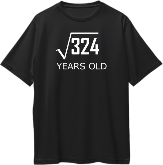 Black 18 Years Old Birthday Oversized T-Shirt by Garrari with white square root 324 and Years Old print