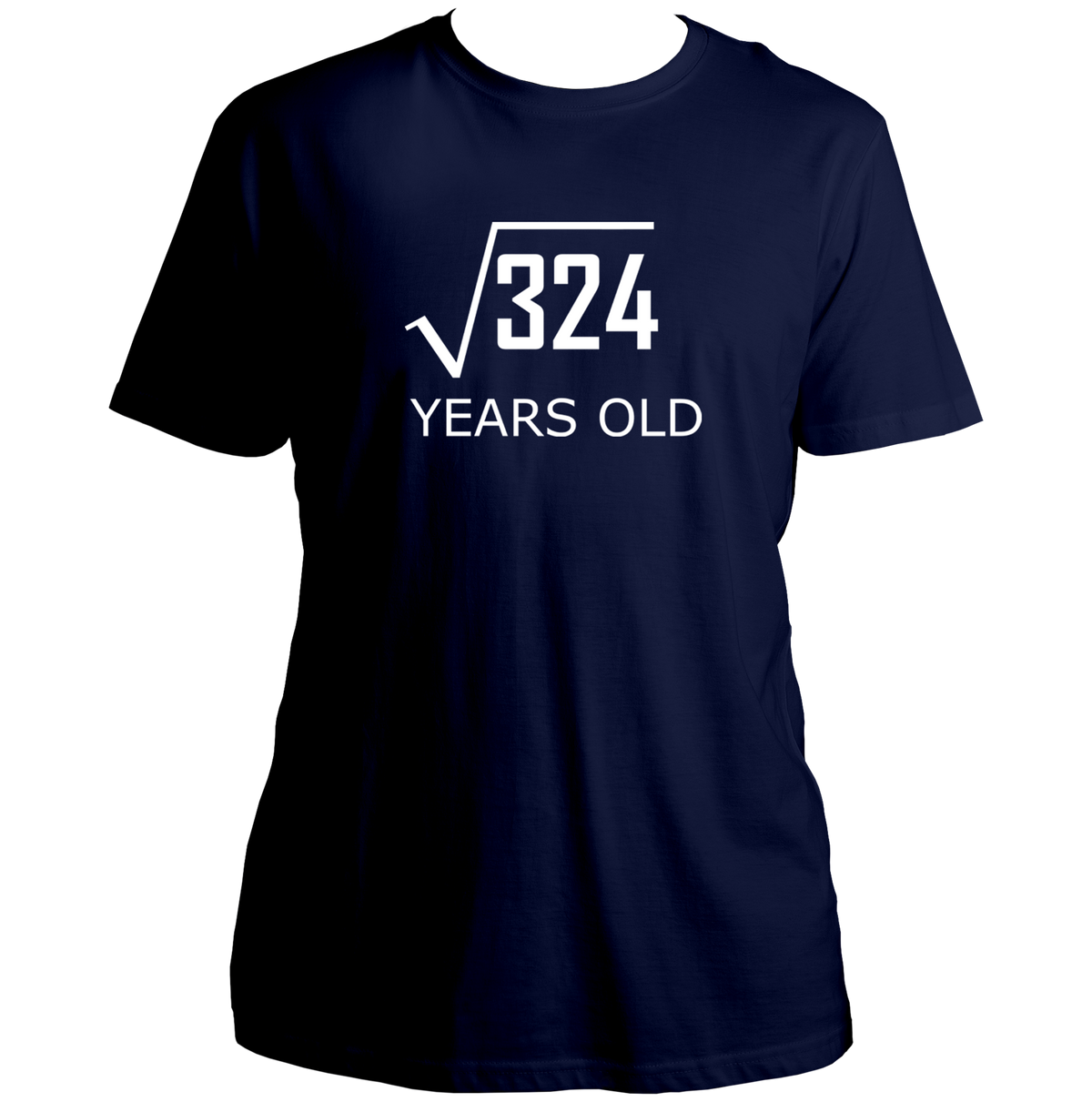 Navy Blue 18 Years Old Birthday Unisex T-Shirt by Garrari with white square root 324 graphic