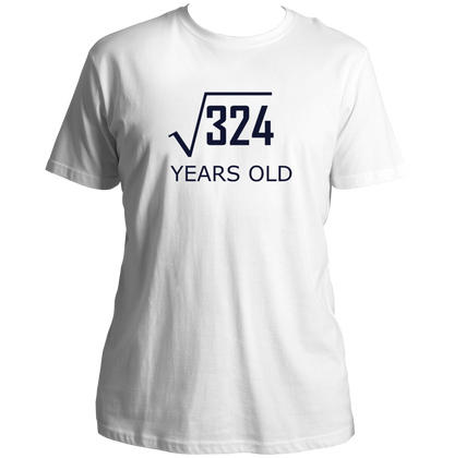 White 18 Years Old Birthday Unisex T-Shirt by Garrari with black square root 324 18th birthday print