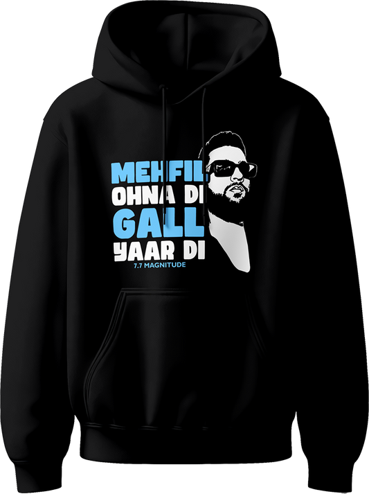 Black unisex hoodie featuring 7.7 Magnitude Karan Aujla design with Mehfil Ohna Di Gall Yaar Di artwork in sky blue and white – Garrari fan merch.