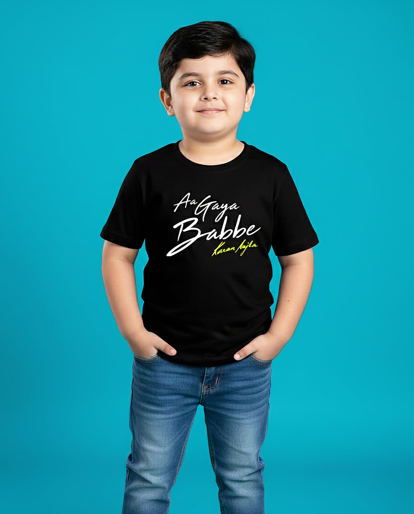 Kid wearing Aa Gaya Babbe Karan Aujla black T-Shirt – Garrari unisex kids tee