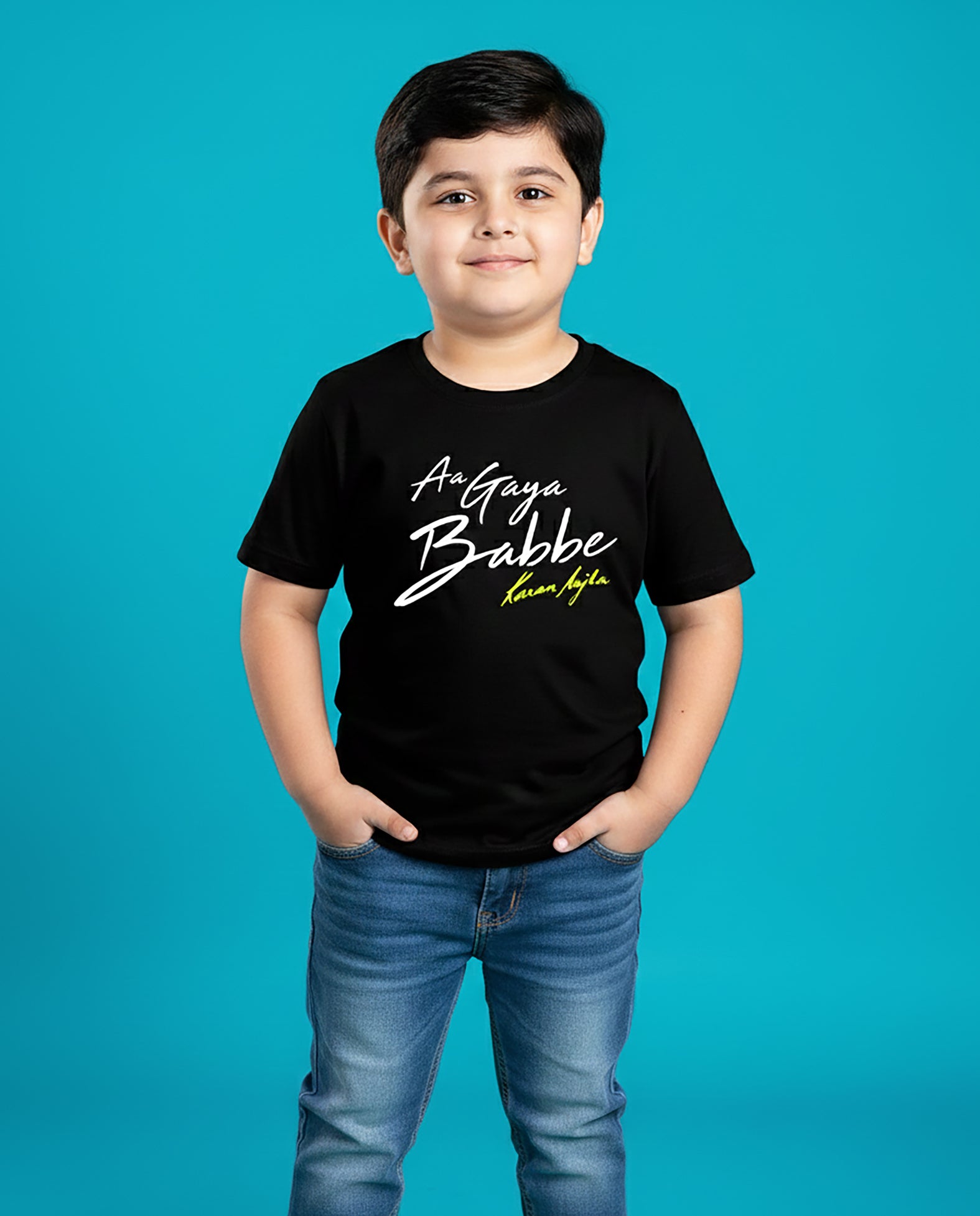 Kid wearing Aa Gaya Babbe Karan Aujla black T-Shirt – Garrari unisex kids tee