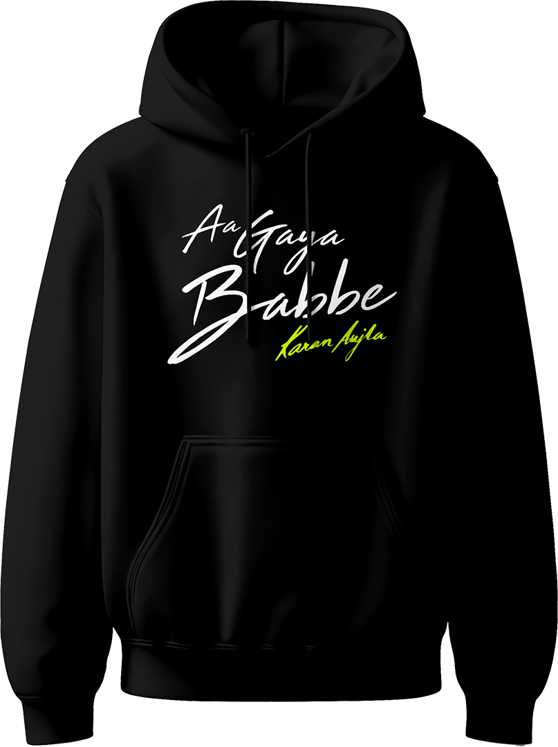 Aa Gaya Babbe Karan Aujla Unisex Hoodie featuring bold lettering inspired by Karan Aujla’s iconic phrase, perfect for fans of Punjabi music and style.