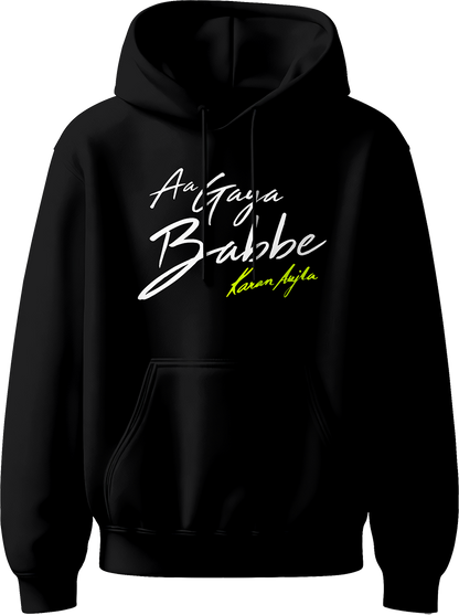 Aa Gaya Babbe Karan Aujla Unisex Hoodie featuring bold lettering inspired by Karan Aujla’s iconic phrase, perfect for fans of Punjabi music and style.