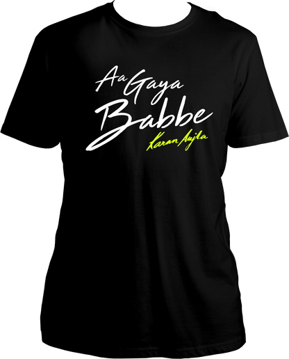 Front view of the Aa Gaya Babbe Karan Aujla Unisex T-Shirt, featuring bold typography inspired by Karan Aujla's iconic catchphrase.