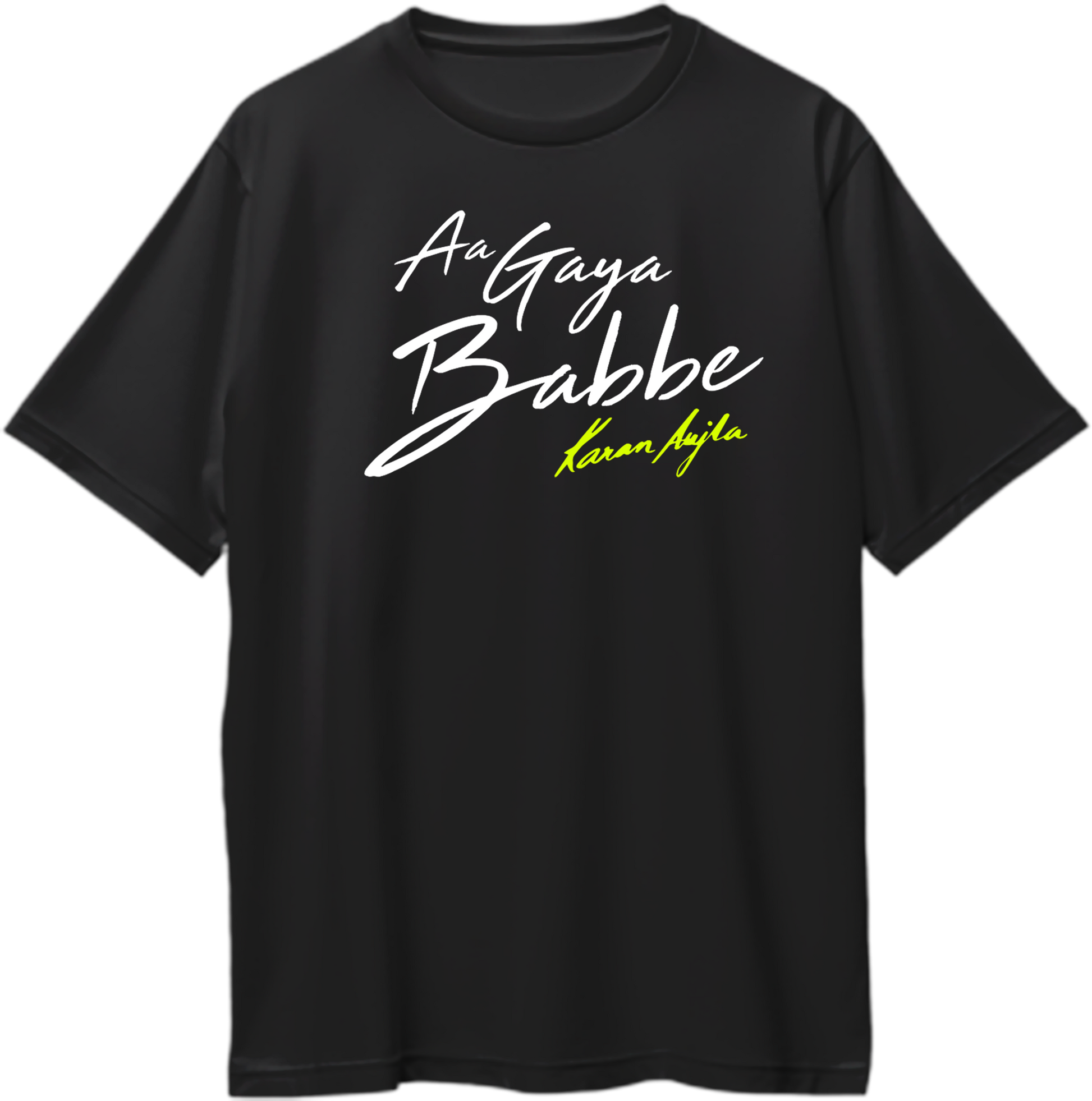 Front view of the Aa Gaya Babbe Karan Aujla Oversized T-Shirt with bold typography of his catchphrase and oversized fit.