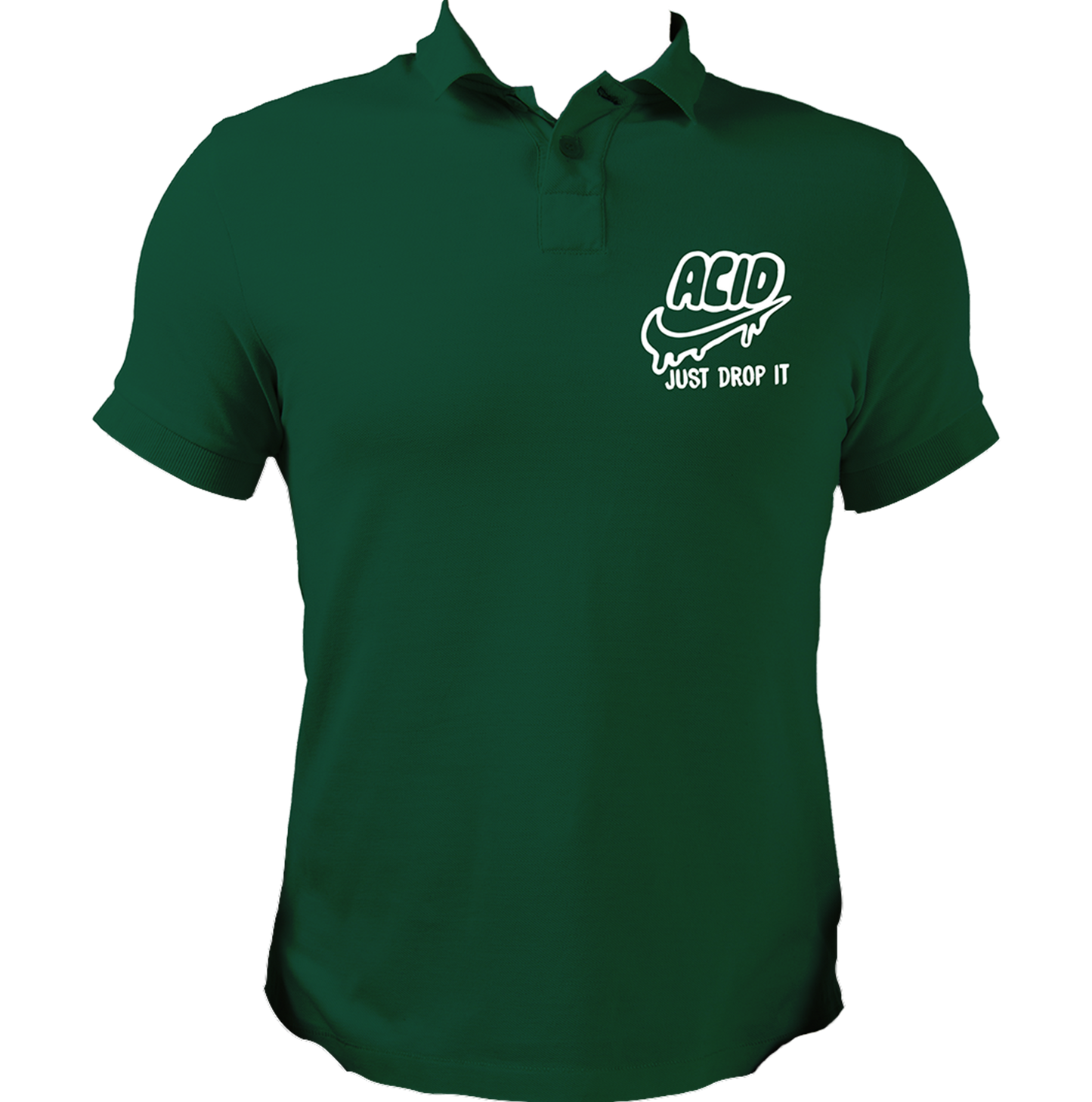 Dark Green Acid Just Drop It polo T-shirt with quirky chest-side graphic by Garrari