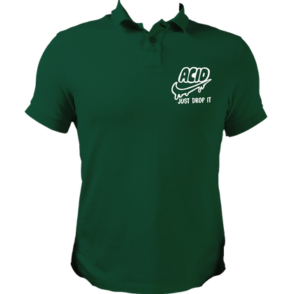 Dark Green Acid Just Drop It polo T-shirt with quirky chest-side graphic by Garrari