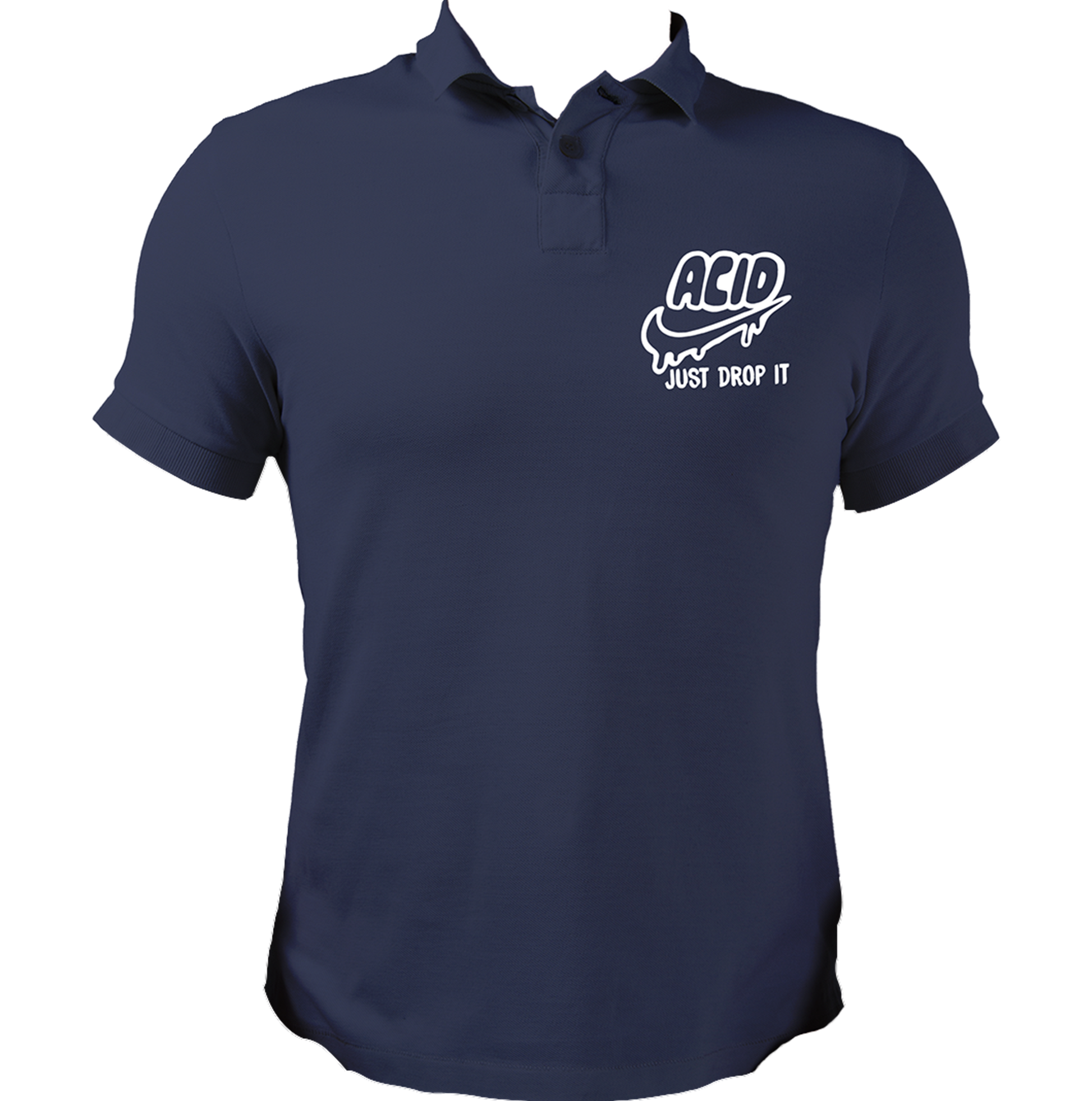Navy Blue Acid Just Drop It polo T-shirt with drip-style typography artwork by Garrari