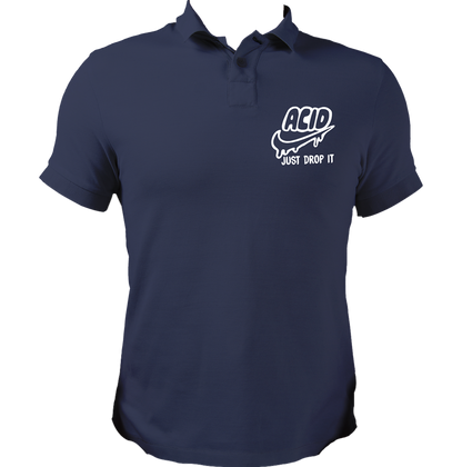 Navy Blue Acid Just Drop It polo T-shirt with drip-style typography artwork by Garrari