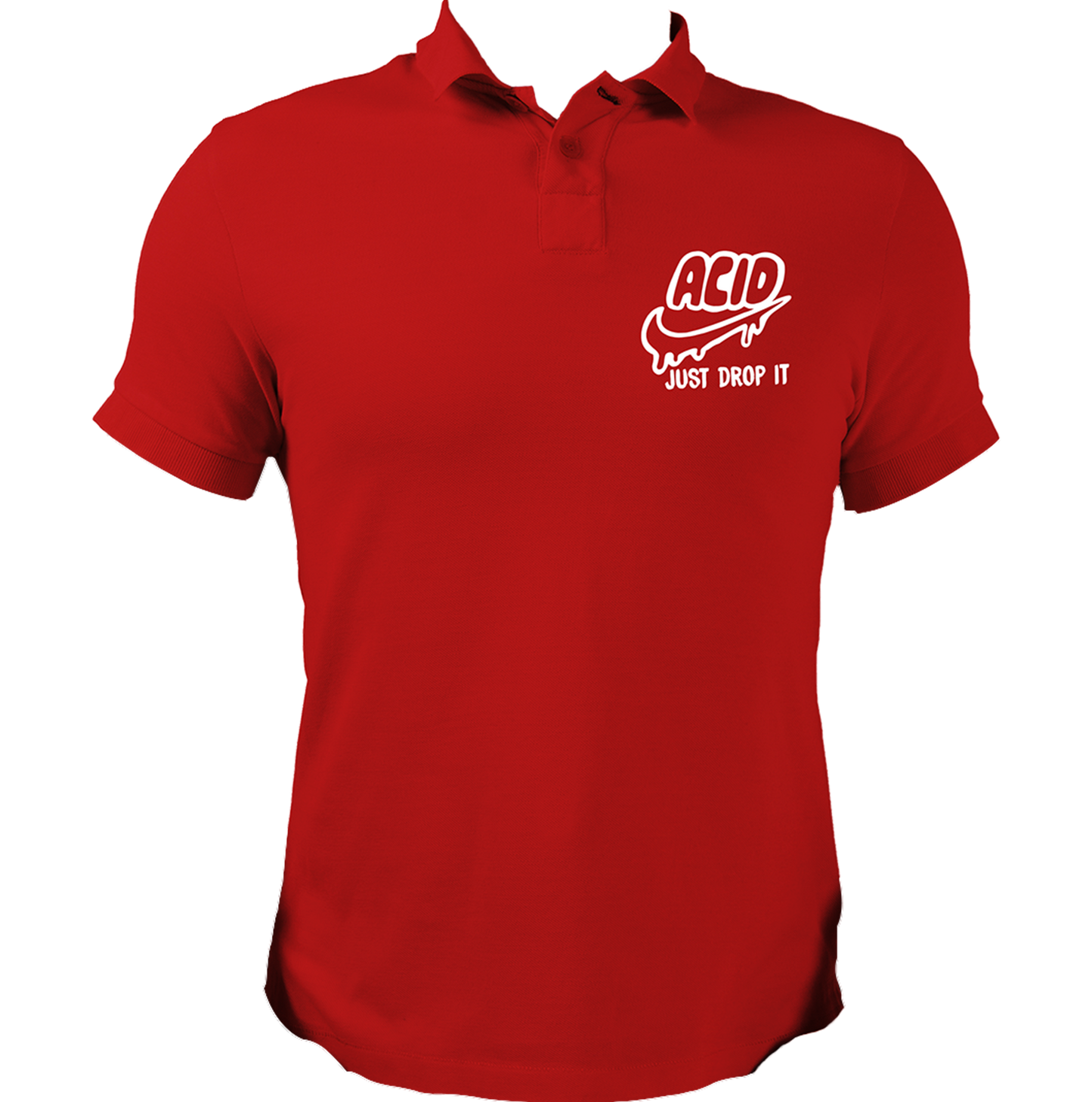 Red Acid Just Drop It polo T-shirt with quirky ACID chest print by Garrari