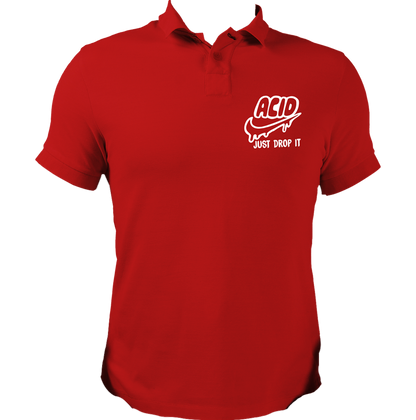 Red Acid Just Drop It polo T-shirt with quirky ACID chest print by Garrari