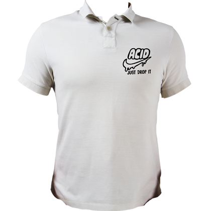 White Acid Just Drop It polo T-shirt with black ACID typography and drip graphic by Garrari