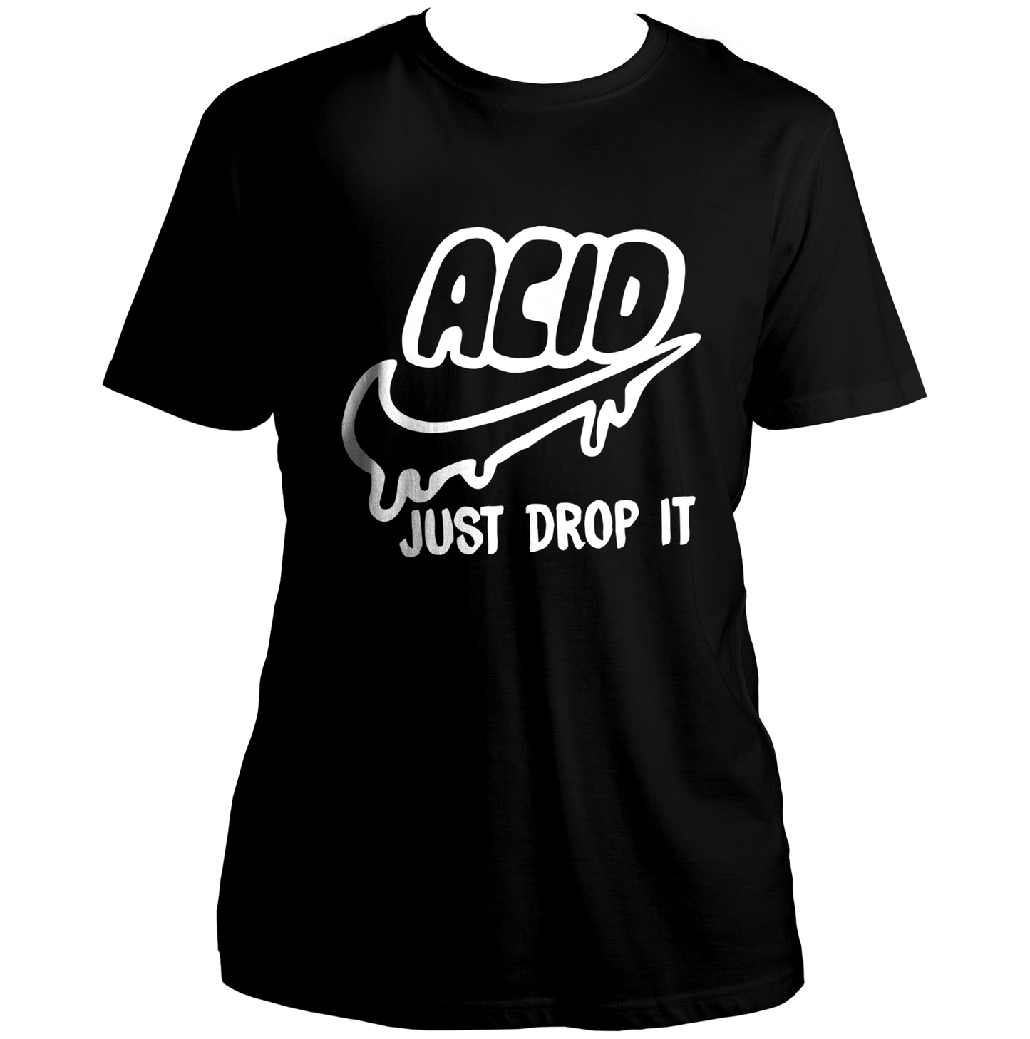 Black Acid Just Drop It T-shirt with bold ACID typography and drip graphic by Garrari