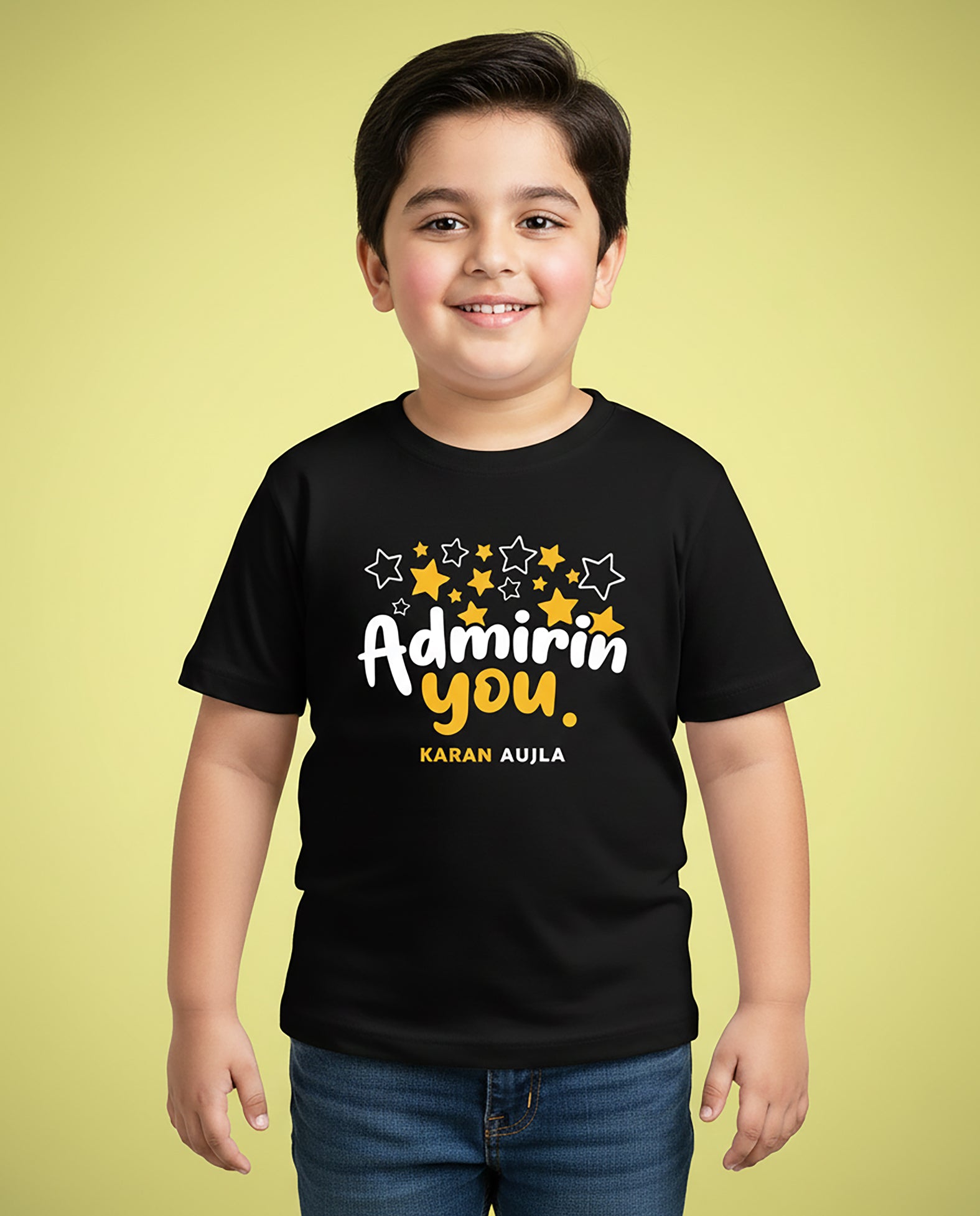 Child wearing black Admirin’ You Karan Aujla Kids T-Shirt with star print – Garrari