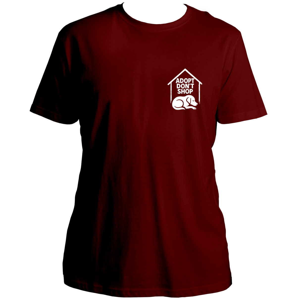 Maroon Adopt Don’t Shop Unisex T-Shirt by Garrari with dog adoption chest print
