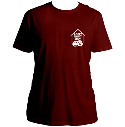 Maroon Adopt Don’t Shop Unisex T-Shirt by Garrari with dog adoption chest print