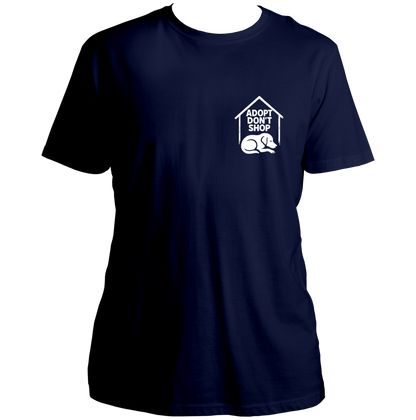 Navy Blue Adopt Don’t Shop Unisex T-Shirt by Garrari with dog adoption chest print