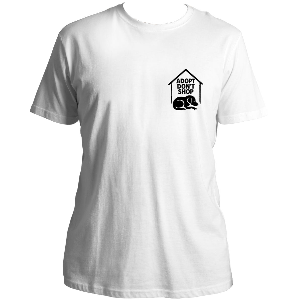 White Adopt Don’t Shop Unisex T-Shirt by Garrari with black dog adoption chest print