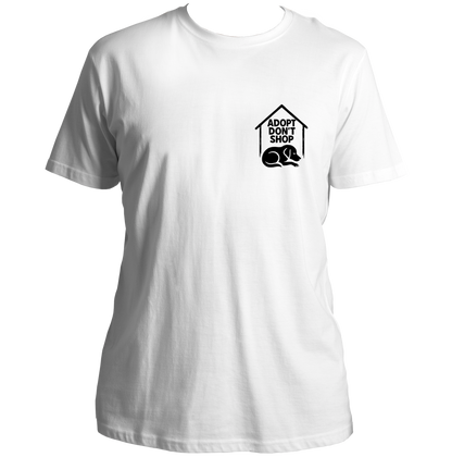 White Adopt Don’t Shop Unisex T-Shirt by Garrari with black dog adoption chest print