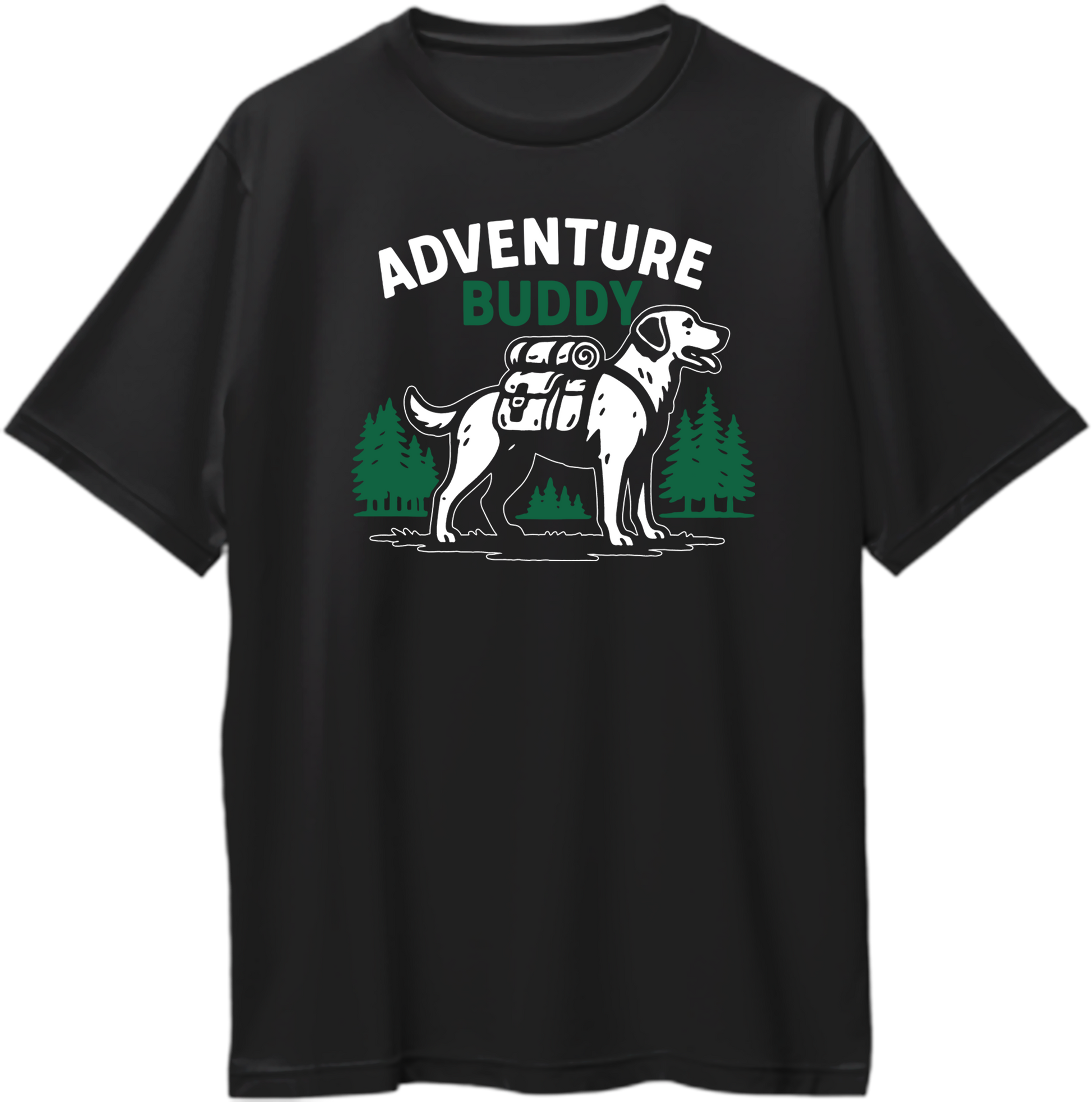 Black oversized t-shirt with “Adventure Buddy” dog graphic design featuring a backpack and pine trees.