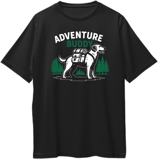 Black oversized t-shirt with “Adventure Buddy” dog graphic design featuring a backpack and pine trees.
