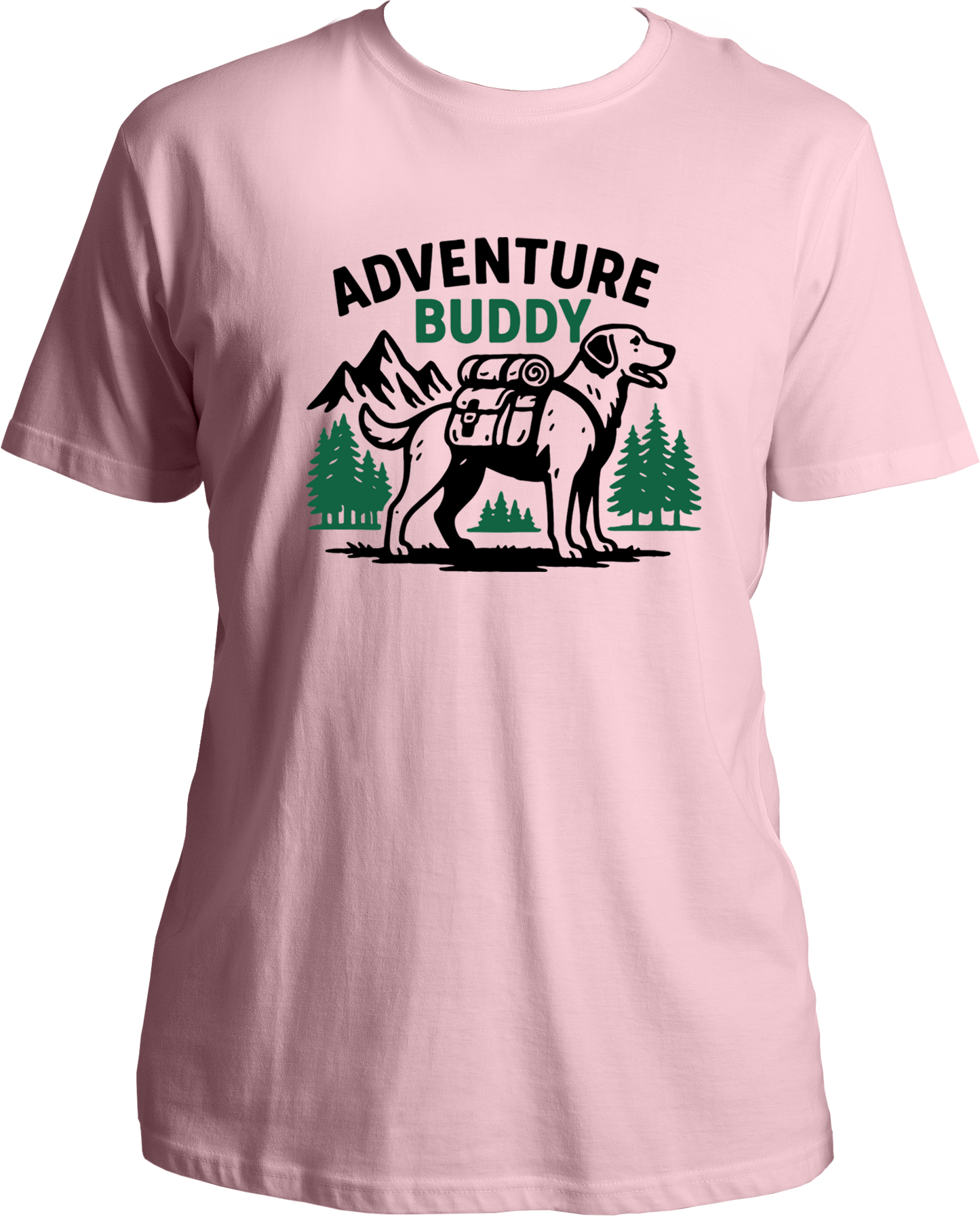 Regular fit t-shirt with Adventure Buddy dog design carrying a backpack and pine tree background.