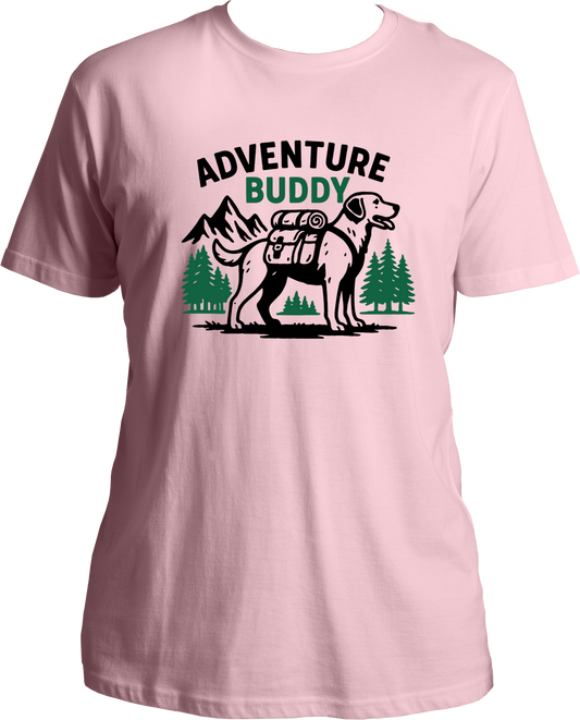 Regular fit t-shirt with Adventure Buddy dog design carrying a backpack and pine tree background.