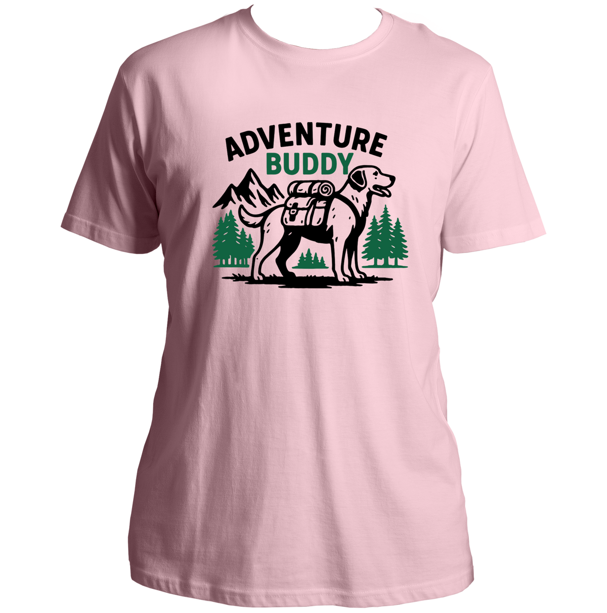 Baby Pink Adventure Buddy Unisex T-Shirt with dog adventure and mountain print