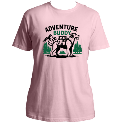 Baby Pink Adventure Buddy Unisex T-Shirt with dog adventure and mountain print