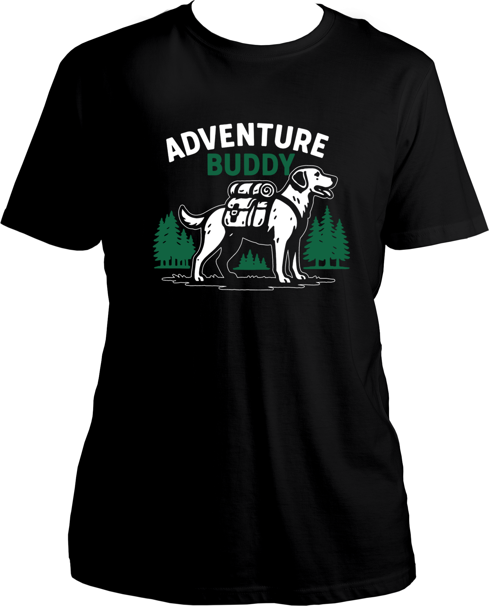 Regular fit t-shirt with Adventure Buddy dog design carrying a backpack and pine tree background.