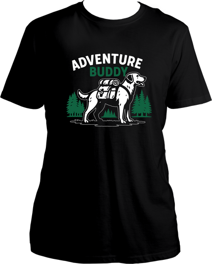 Regular fit t-shirt with Adventure Buddy dog design carrying a backpack and pine tree background.