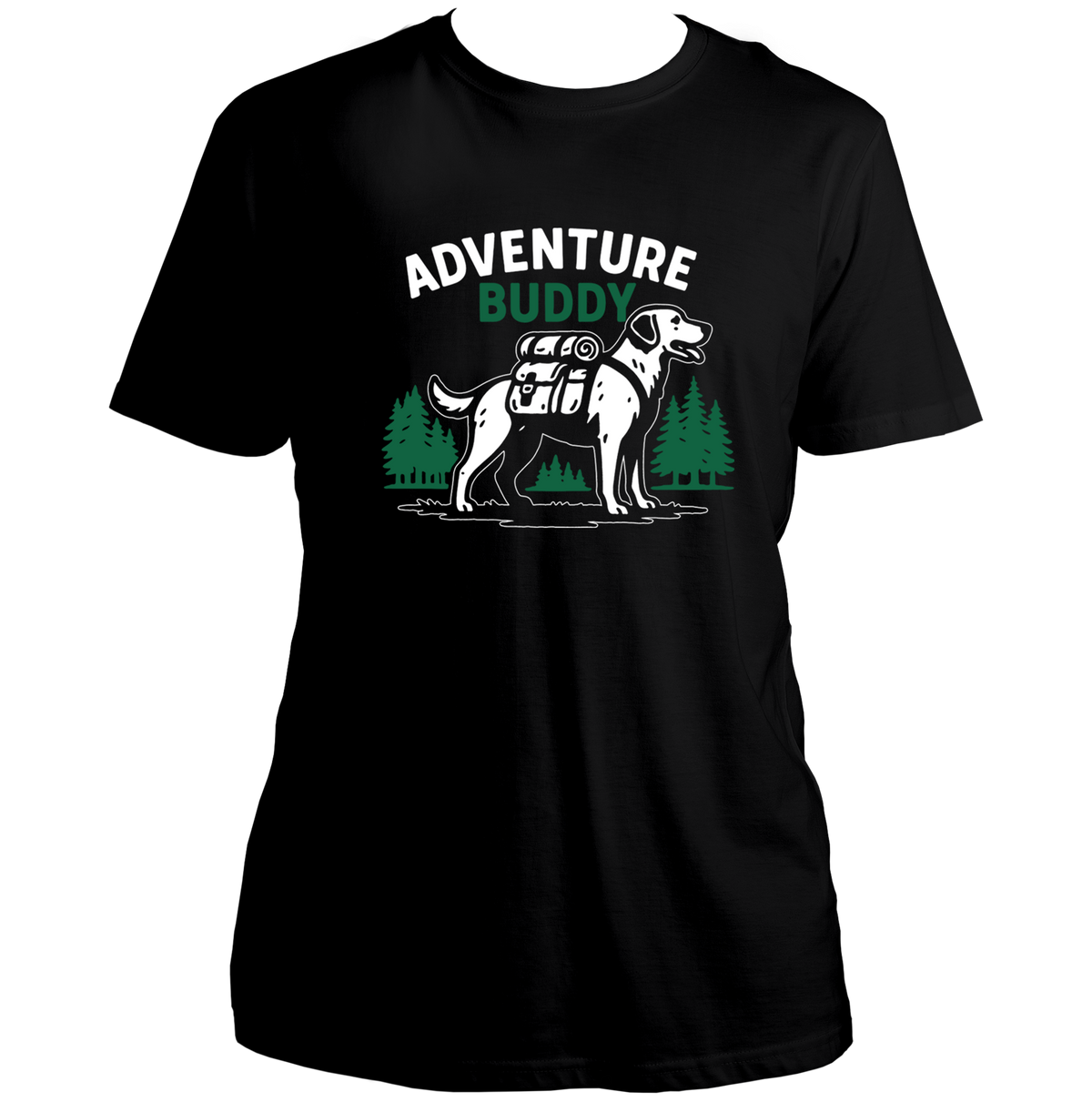 Black Adventure Buddy Unisex T-Shirt with dog adventure and mountain print