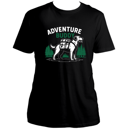 Black Adventure Buddy Unisex T-Shirt with dog adventure and mountain print