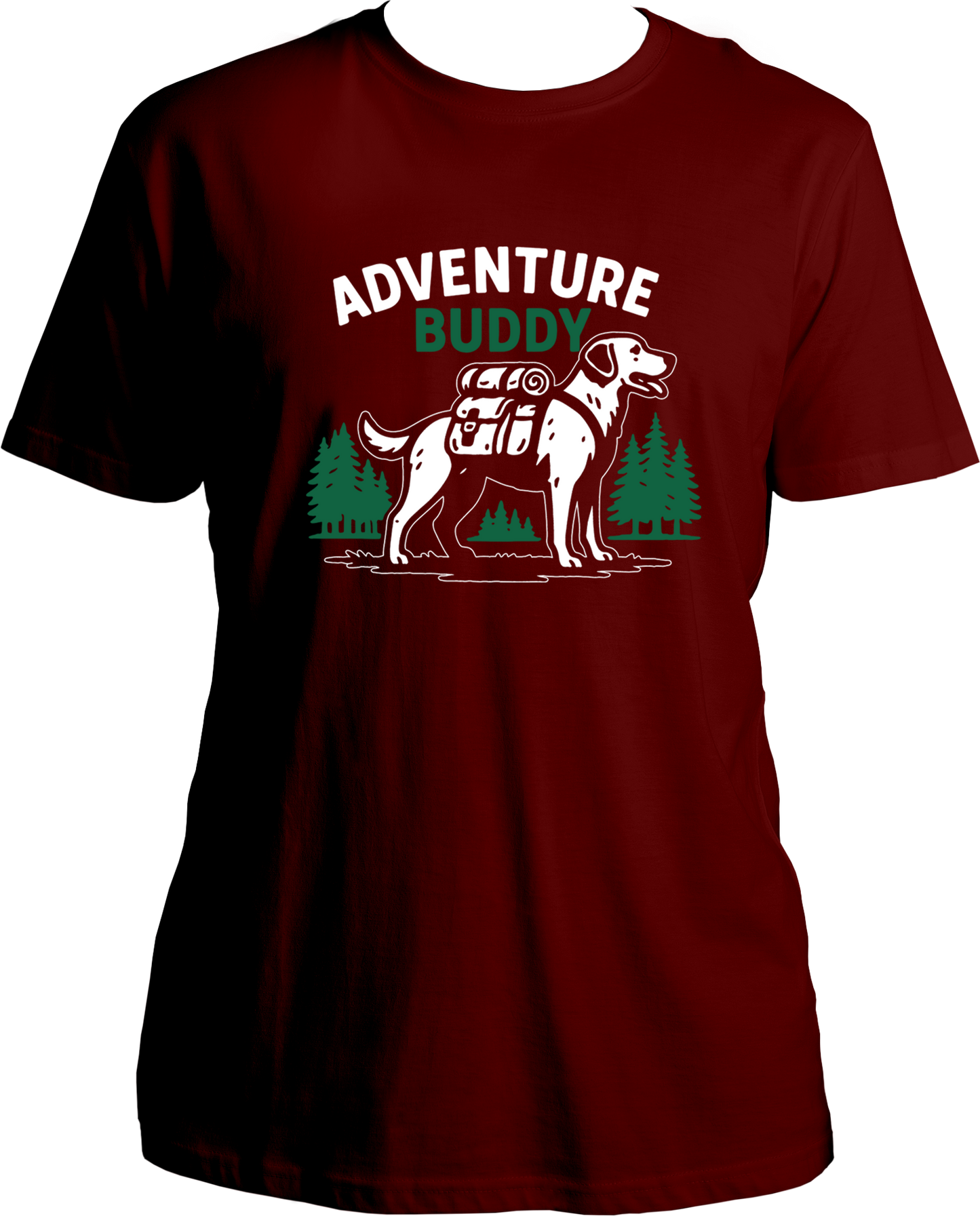 Regular fit t-shirt with Adventure Buddy dog design carrying a backpack and pine tree background.
