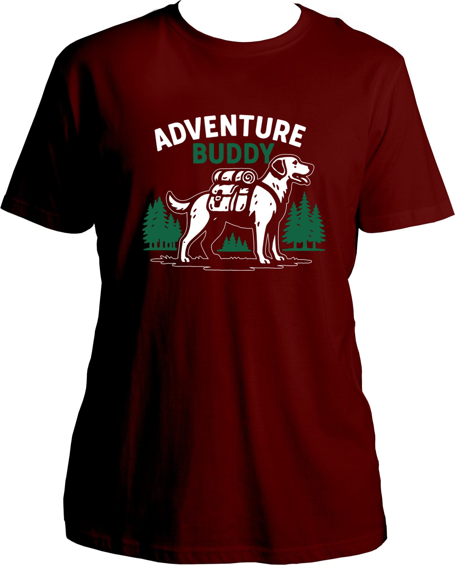 Regular fit t-shirt with Adventure Buddy dog design carrying a backpack and pine tree background.