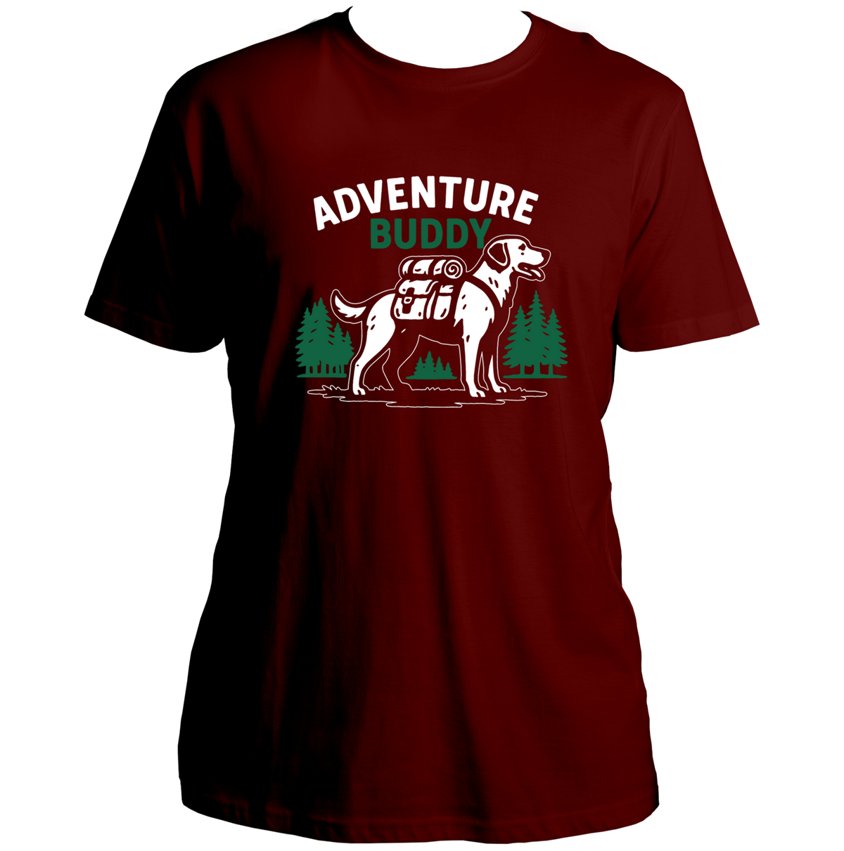Maroon Adventure Buddy Unisex T-Shirt with dog adventure and mountain print