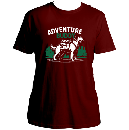 Maroon Adventure Buddy Unisex T-Shirt with dog adventure and mountain print
