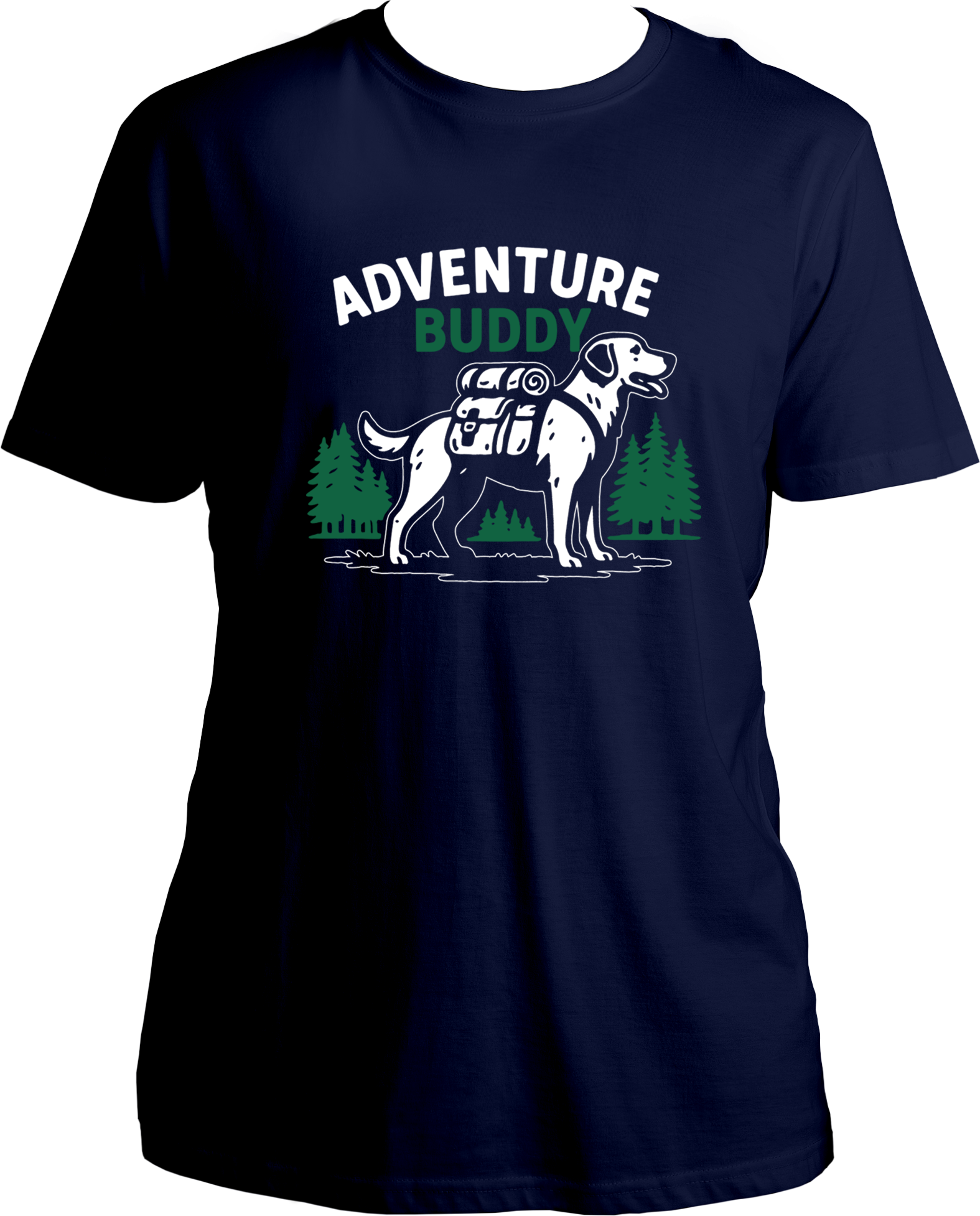 Regular fit t-shirt with Adventure Buddy dog design carrying a backpack and pine tree background.