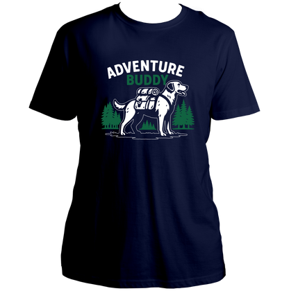 Navy Blue Adventure Buddy Unisex T-Shirt with dog adventure and mountain print