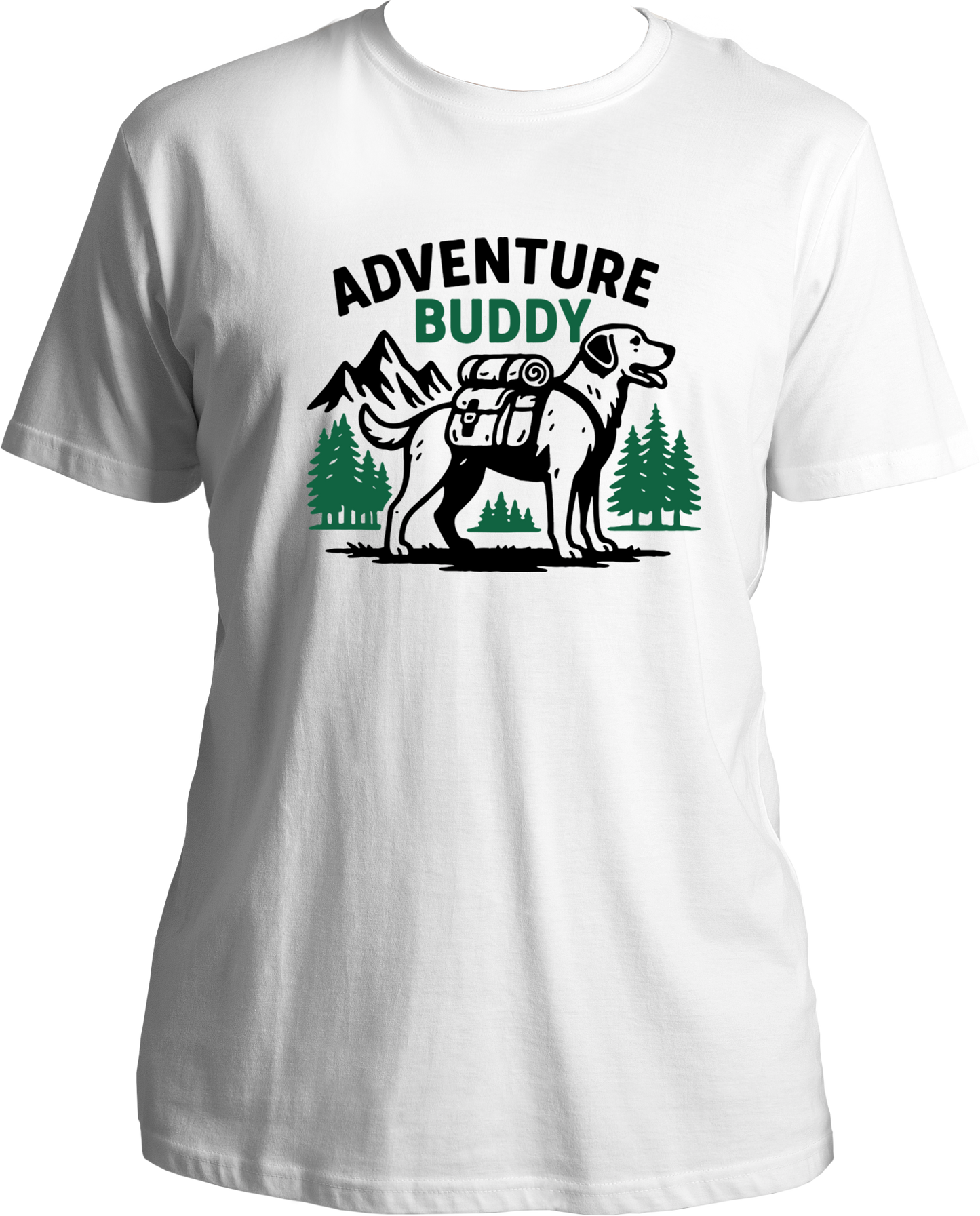 Regular fit t-shirt with Adventure Buddy dog design carrying a backpack and pine tree background.